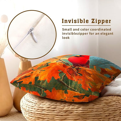 Fall Cardinal Throw Pillow Covers 22x22 Inch Set of 2 Red Bird Maple Leaves - Image 4