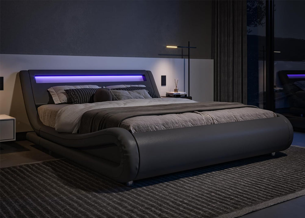 Allewie Full Size LED Platform Bed Frame with Adjustable Headboard, Grey
