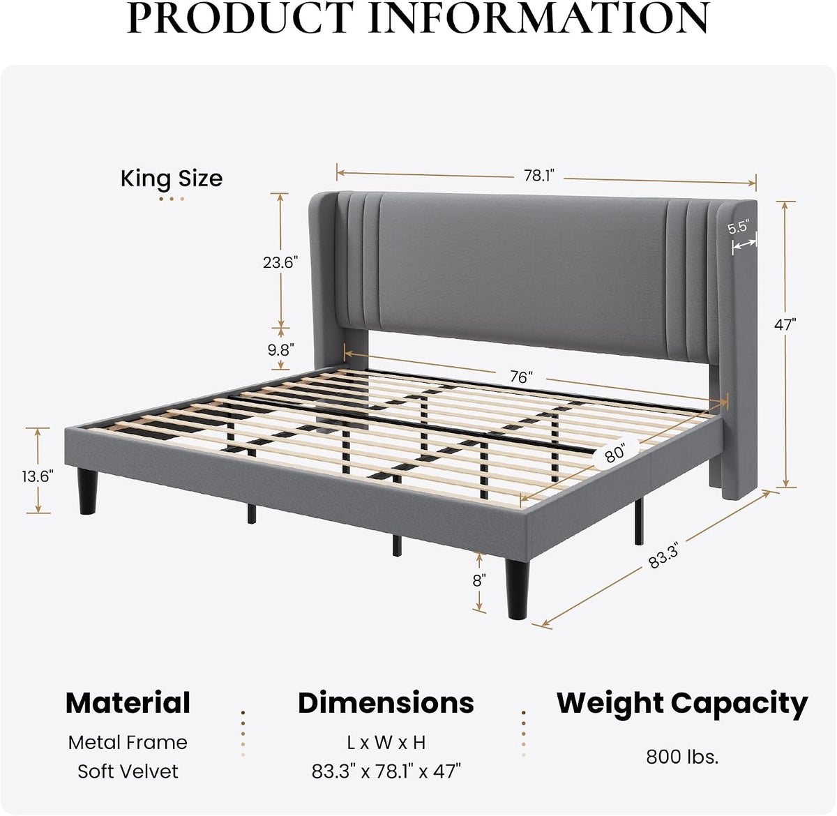 sha cerlin king velvet upholstered bed frame, wingback shown in use