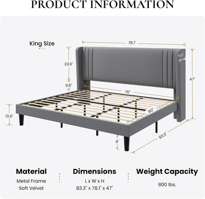 sha cerlin king velvet upholstered bed frame, wingback shown in use