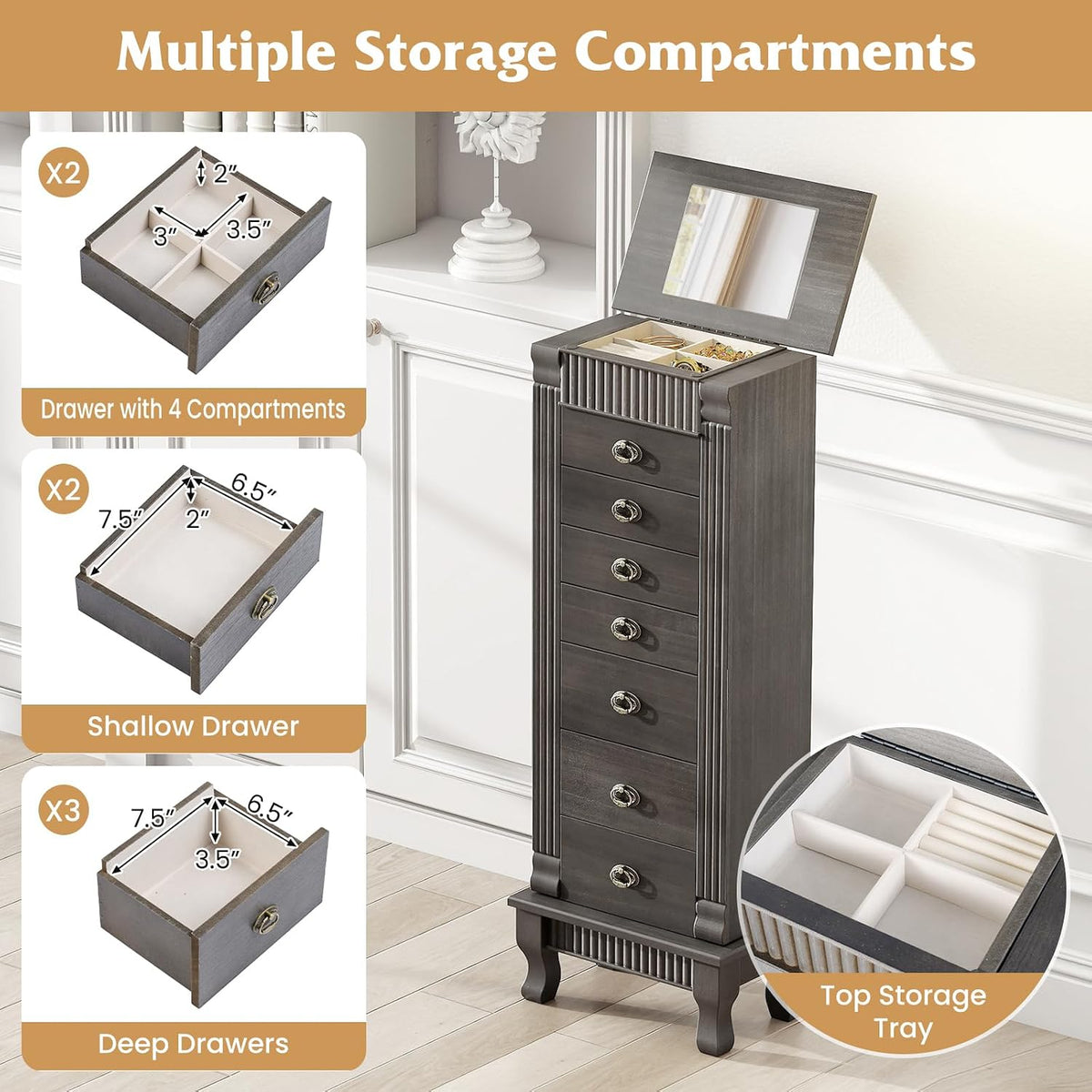 giantex standing jewelry cabinet, 7 drawers, flip mirror showing dimensions