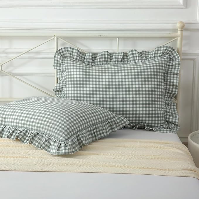 Dusty Green Plaid Ruffle Pillow Shams King Size Set of 2, Washed Cotton by Mywinlle