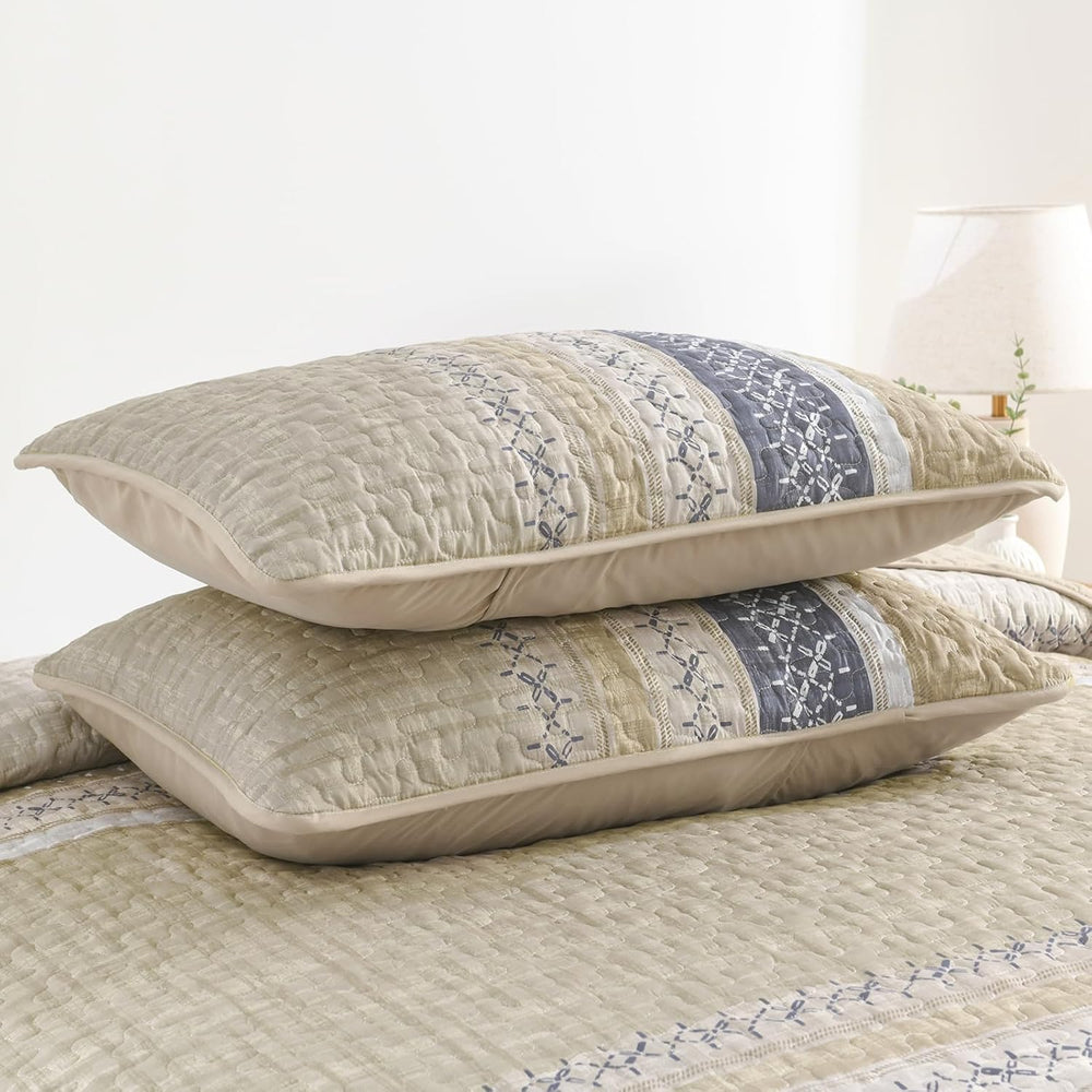 Cottolester Queen Quilt Bedding Set,Beige Blue Patchwork Striped Bedspread