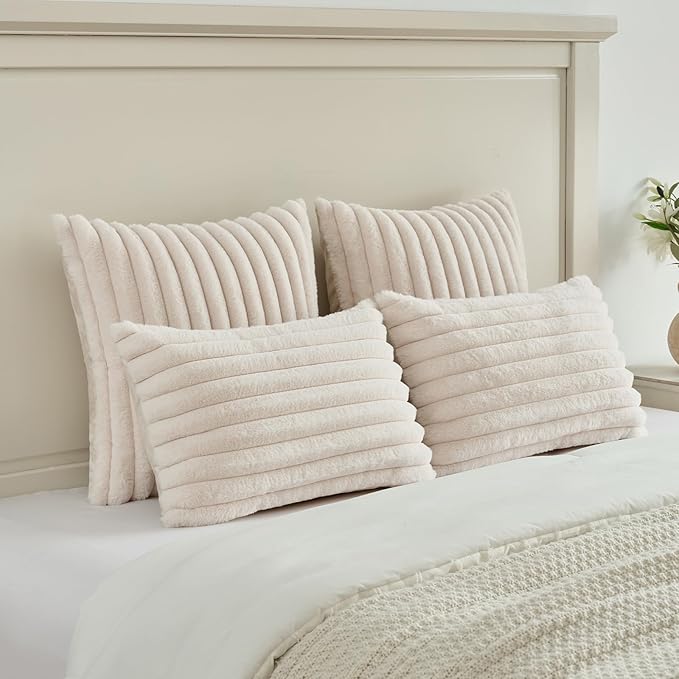 FUTEI Light Beige Throw Pillow Covers Set of 2, 16x16 Inch Striped Texture - Image 5