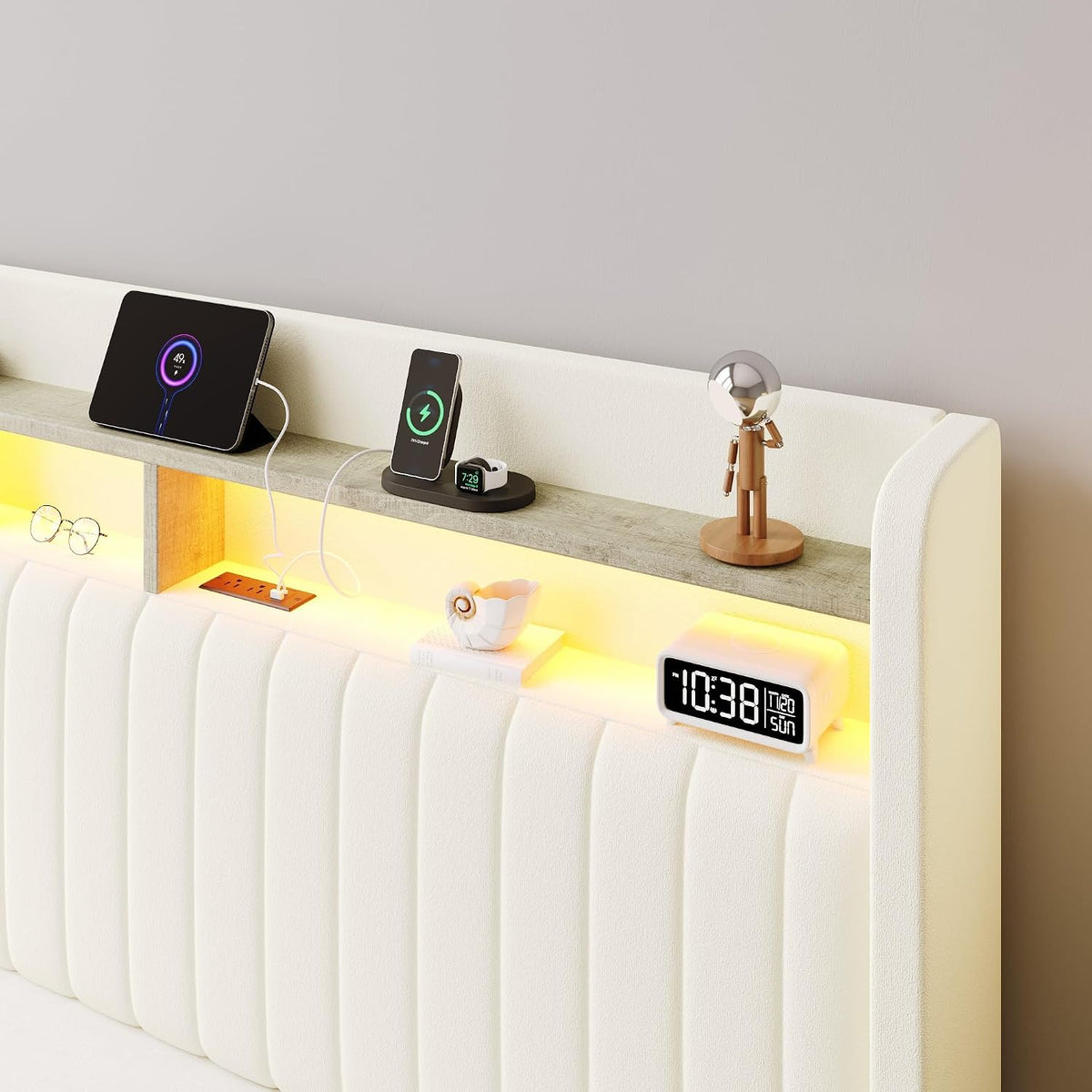 sha cerlin full size led lift up storage, close-up detail