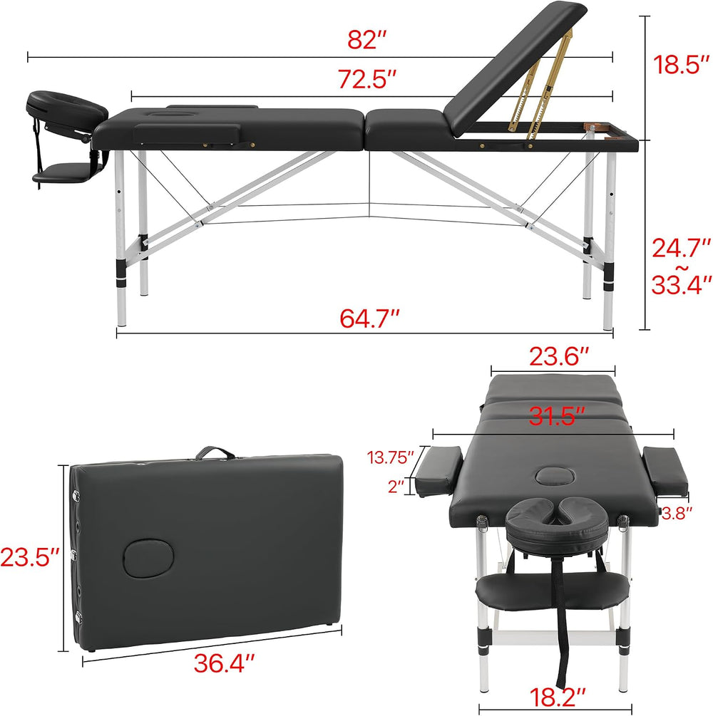 HENGJIANYI Massage Table,Portable 3Section Foldable Aluminum Lash Bed,Black
