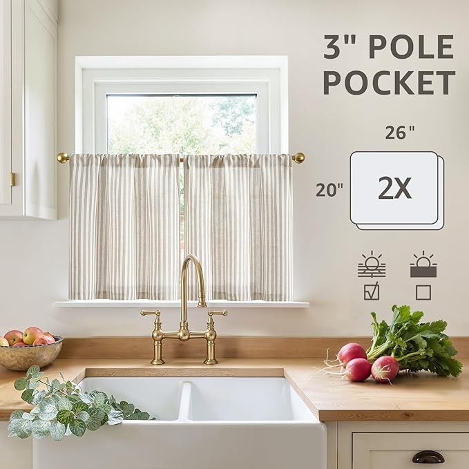 jinchan Striped Linen Kitchen Curtains 20 Inches Tier Curtains Farmhouse Modern - Image 5