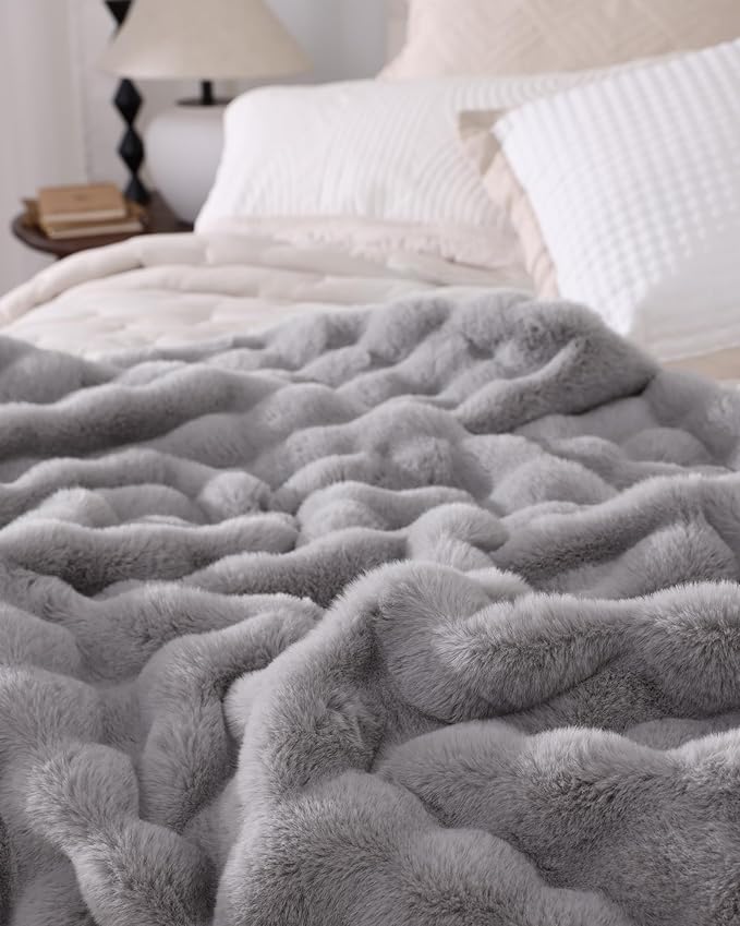 Ultra Soft Cozy Faux Fur Throw Blanket, Fuzzy Plush Thick Bubble Blanket - Image 8