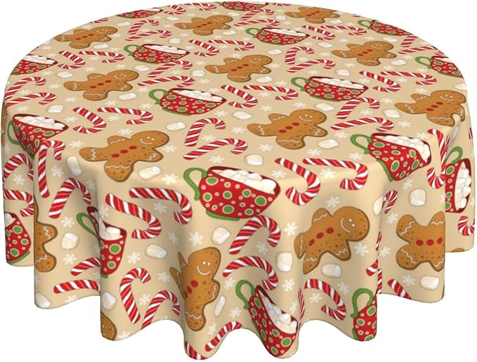 Christmas Tablecloth Round 70×70 Inch, Gingerbread Man Candy Cane Holiday by QANOK