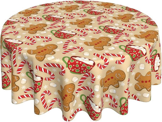 Christmas Tablecloth Round 70×70 Inch, Gingerbread Man Candy Cane Holiday by QANOK