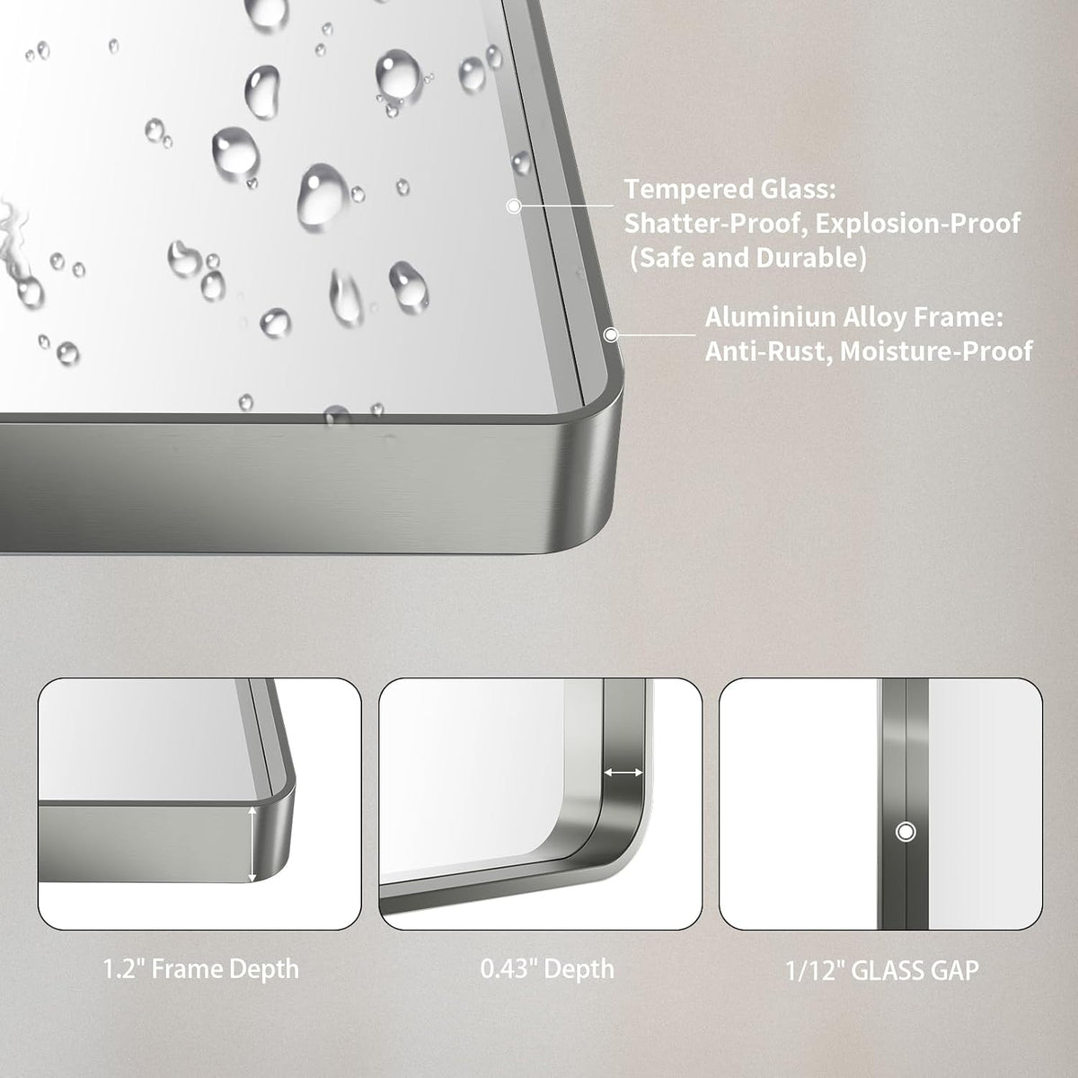 loaao 24x36 inch brushed nickel bathroom mirror showing dimensions