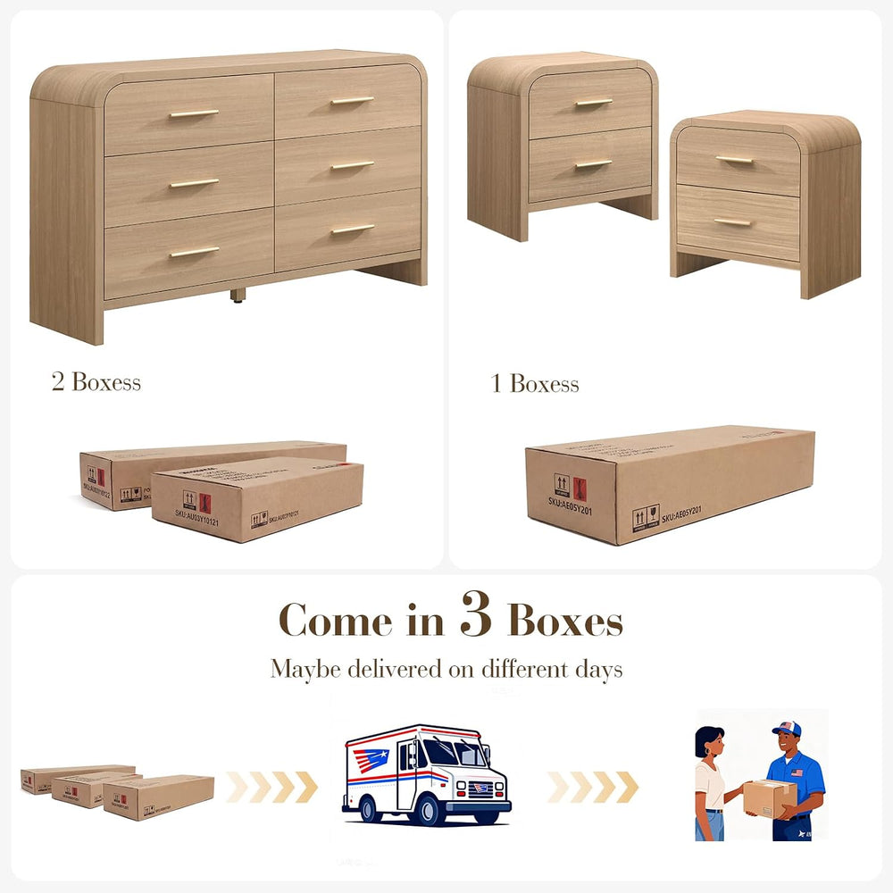 3-Piece Bedroom Set, Curved 6-Drawer Dresser&2-Drawer Nightstands