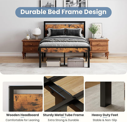 olixis metal twin bed frame with wood headboard, side view
