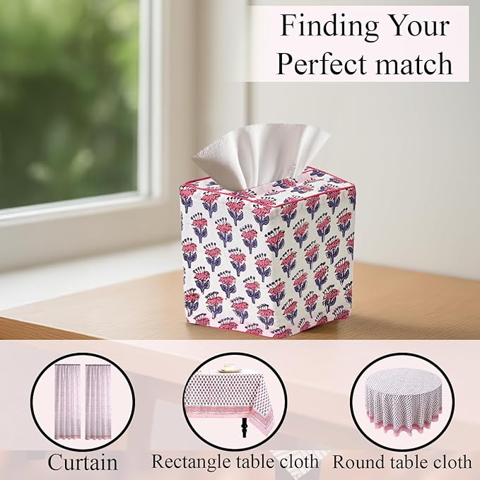 CPC Pink Sapphire Hand Block Printed Cotton Tissue Box Cover 5" x 5" x 5.5" - Image 9
