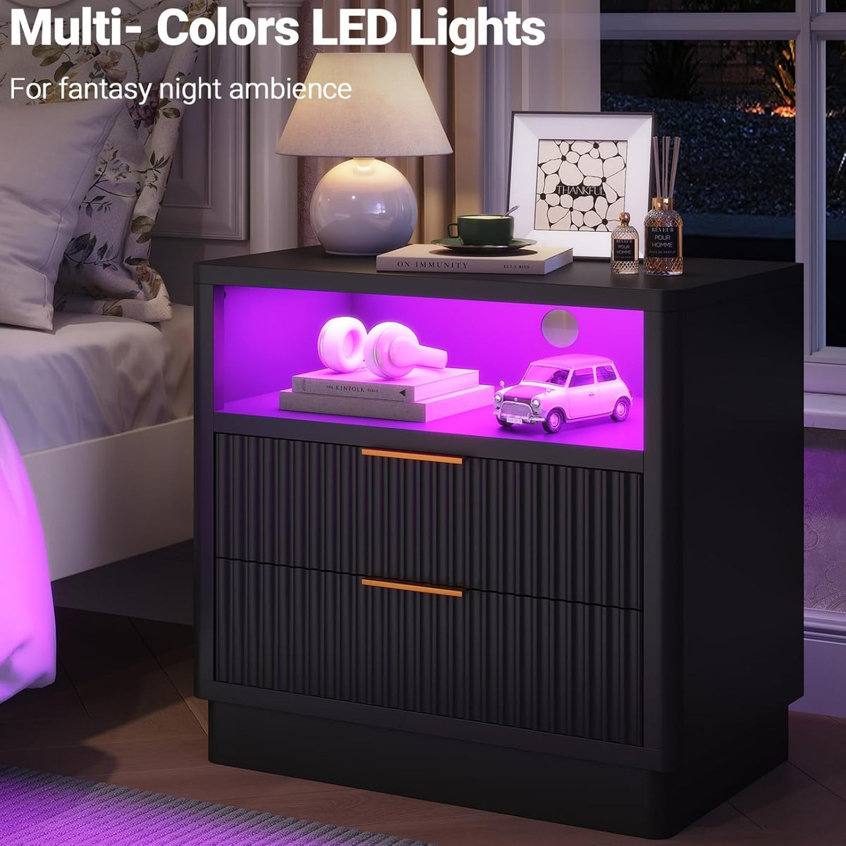 elyken 24" fluted nightstand, black led end table, side view