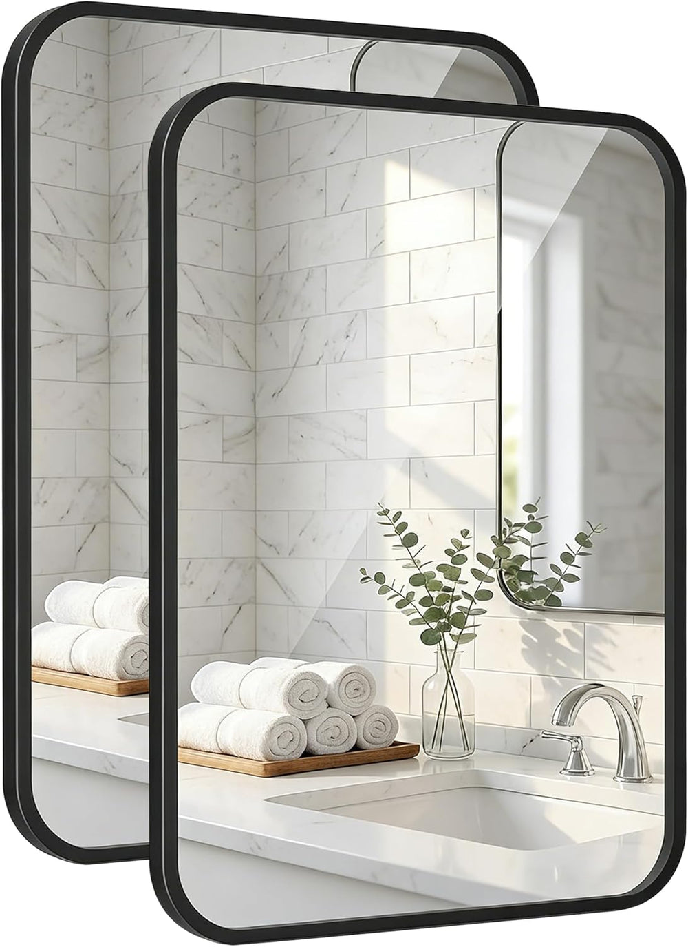2-Pack 22x30 Inch Matte Black Rounded Rectangle Vanity Mirrors