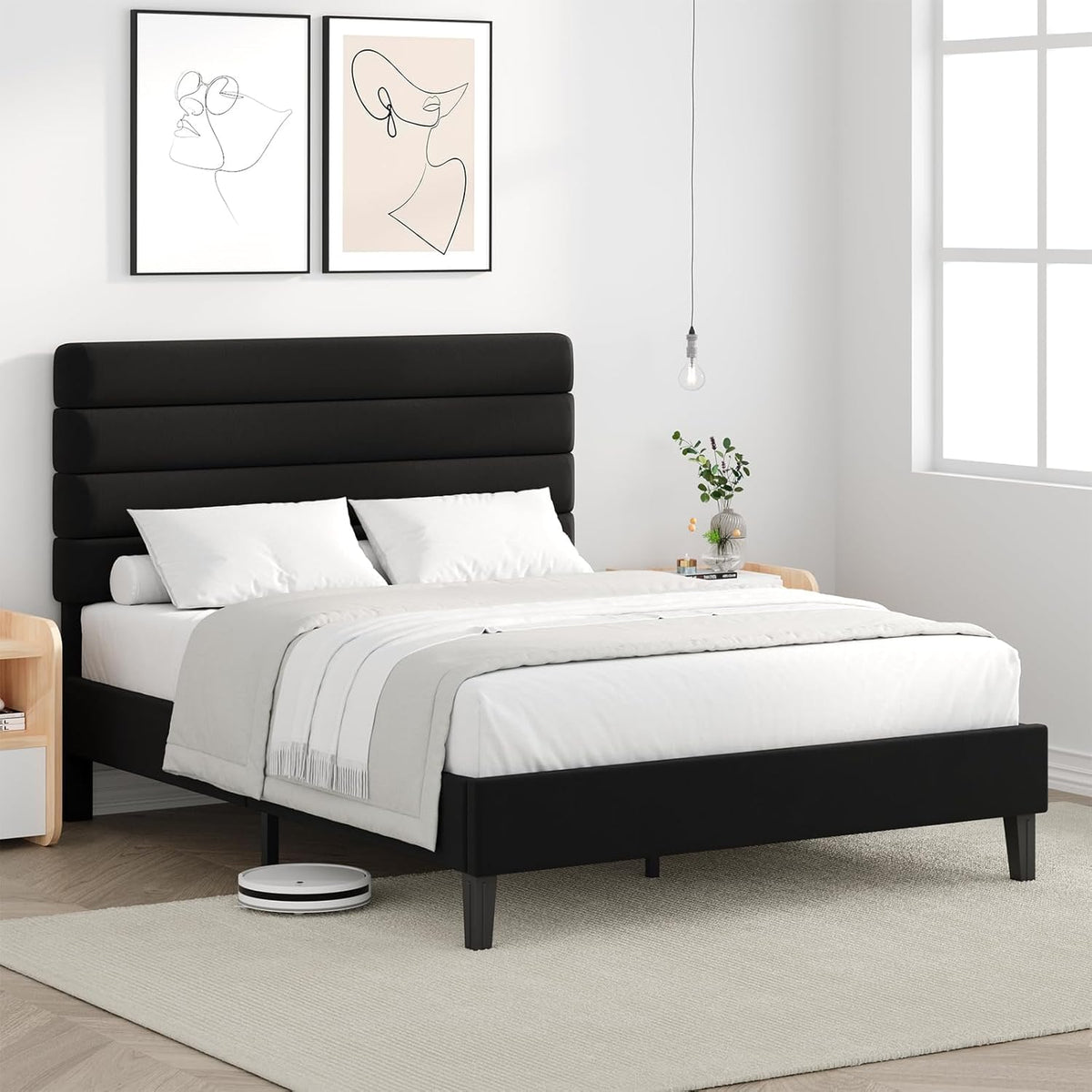 immerstable full bed frame with velvet upholstered headboard on a desk or shelf