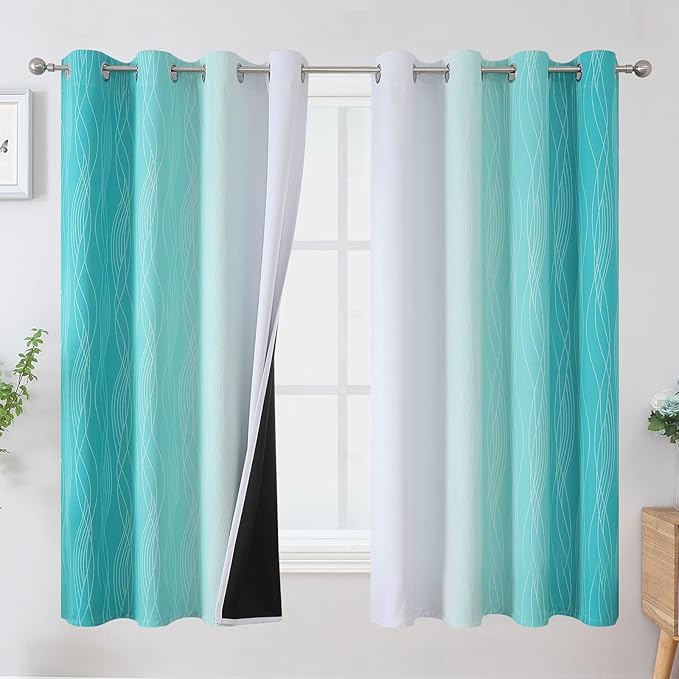 Estelar Textiler Teal and Greyish White Blackout Curtains 63 Inches Long by ESTELARTEXTILER