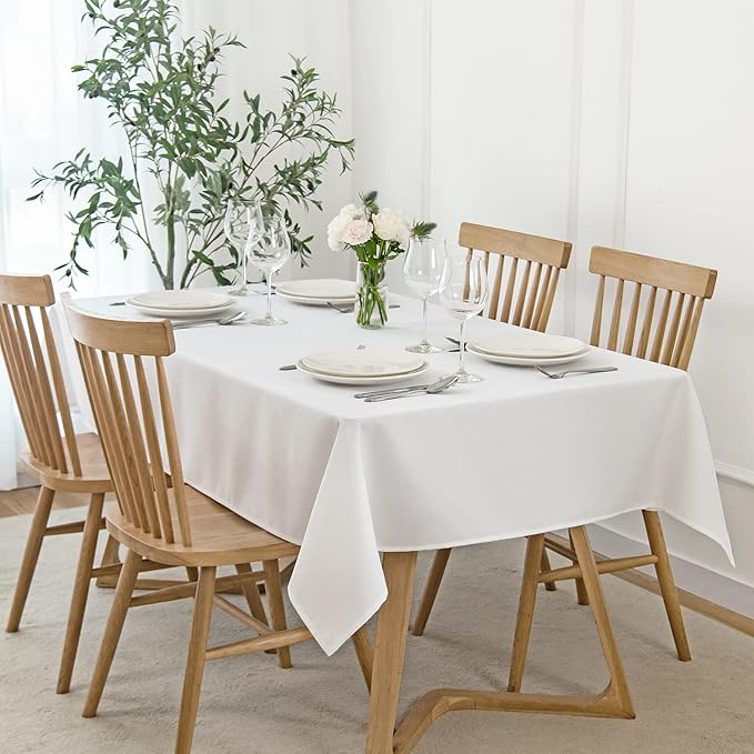 maxmill 2 Pack 60 x 84 Inch White Faux Linen Textured Rectangle Tablecloth - Image 2