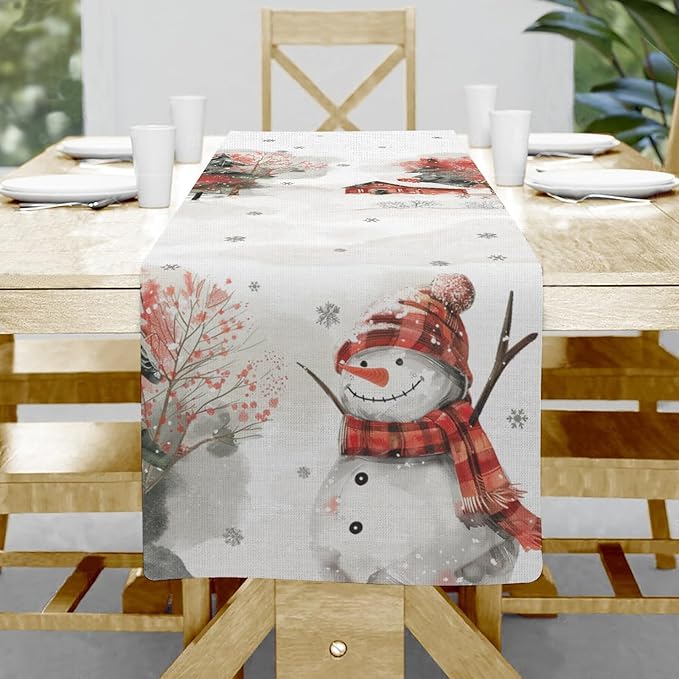 Snow Table Runner, Merry Christmas Linen Table Runner, Snowman Dining Table by Hliyty