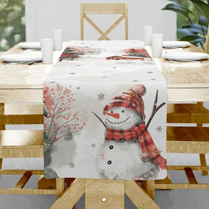 Snow Table Runner, Merry Christmas Linen Table Runner, Snowman Dining Table by Hliyty