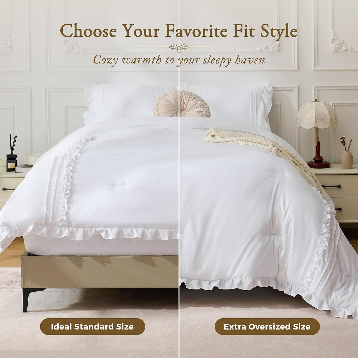 bdeus white ruffle comforter set full size, 3, front angle view