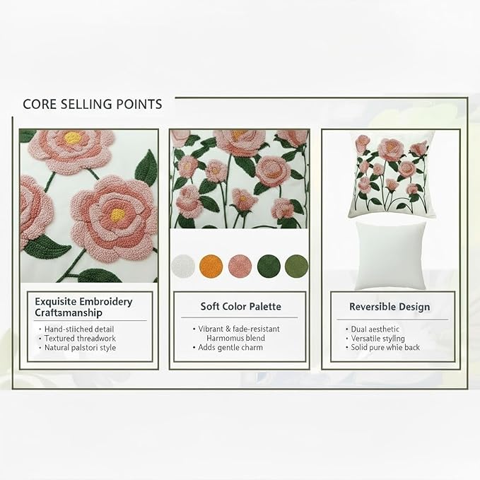 18x18 Embroidered Throw Pillow Covers Set – Pink Rose Cotton Decorative Cushion - Image 7