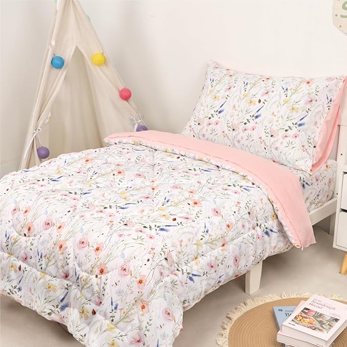 Toddler Bedding Set for Girls, 4 Piece Floral Toddler Comforter Set, Ultra Soft - Image 4
