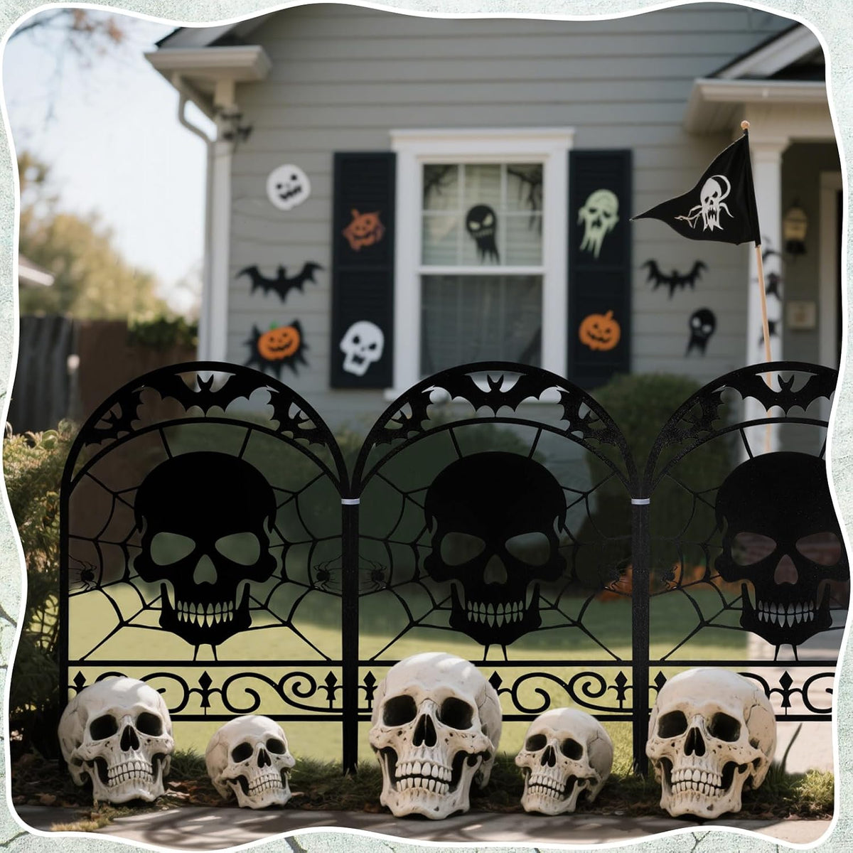 Yaocom 12 Pack Halloween Skull Fence, 16.5" H x 11.8" W Metal Outdoor Decor