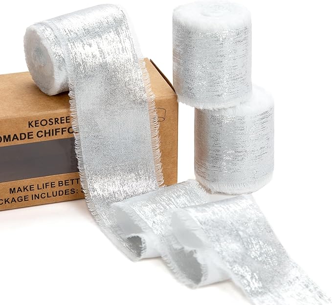 Cream White Silk Chiffon Ribbon, Frayed Shimmery Silk Ribbon by KEOSREE