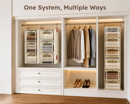 homsorout 6-tier modular hanging closet organizer shelves, beige shown in use