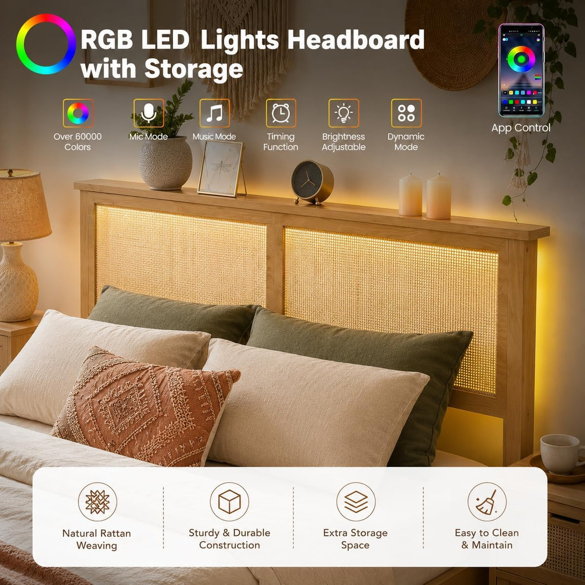 gaomon full size wood bed frame with led, close-up detail