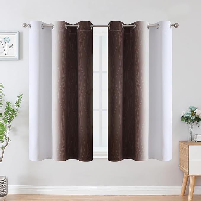 Estelar Textiler Brown and Greyish White Ombre Blackout Curtains 45 Inch Length - Image 2