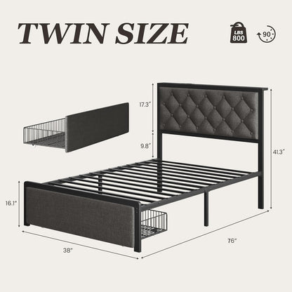 fluest twin bed frame with storage drawer, upholstered shown in use