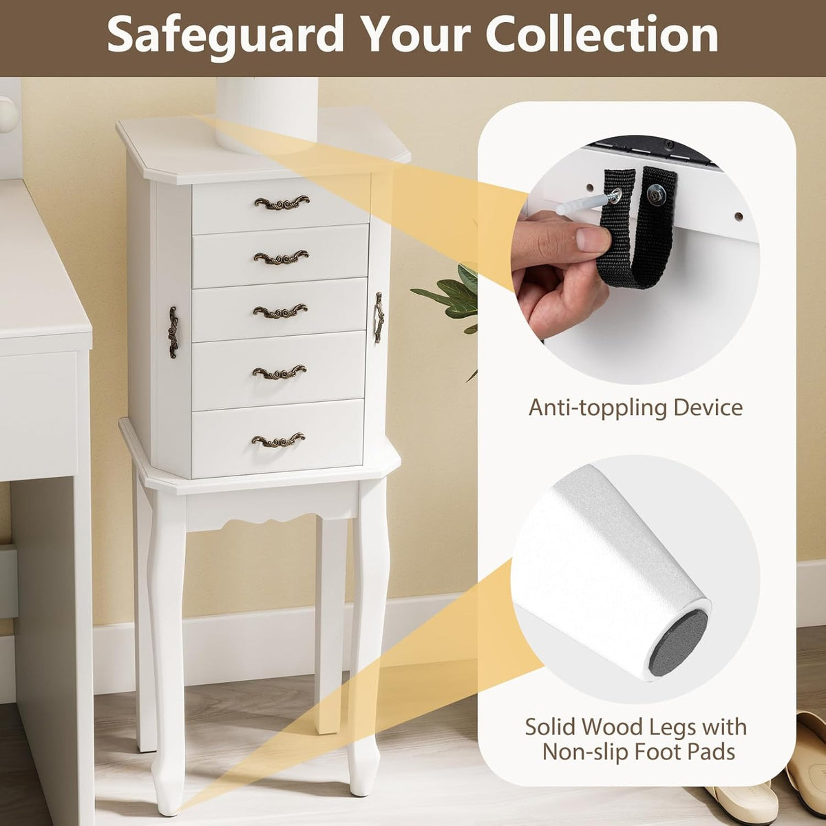 charmaid standing jewelry cabinet with 4 drawers, flip, front angle view