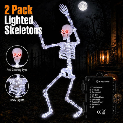 Halloween Decorations Outdoor Skeletons Set - 2 Pack 36" (90cm) Light Up Skeleton with LED Lights & 2 Red Eyes, Poseable Full Body, Indoor Halloween Decor for Yard, Porch (White)