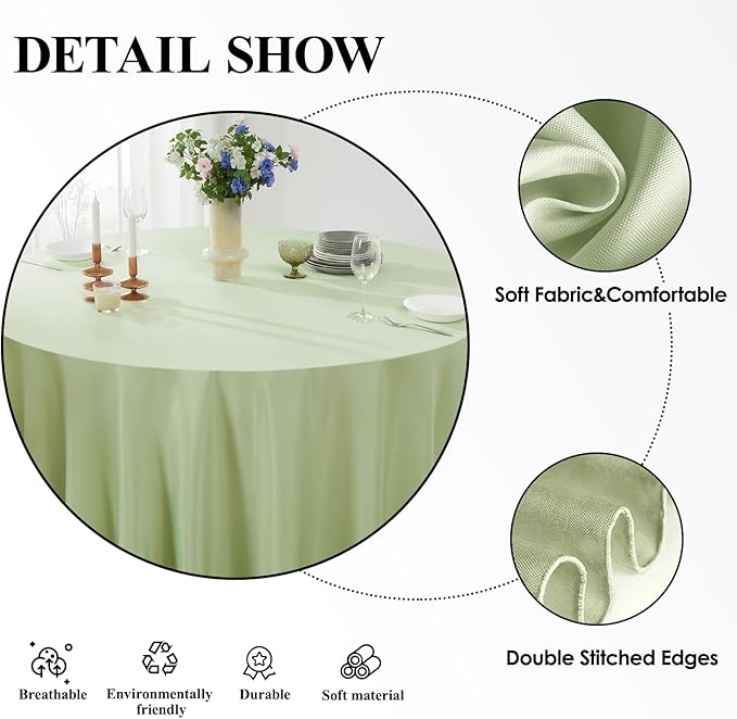 Round Tablecloth 2 Pack 108 Inch Sage Green Tablecloths Washable Decorative - Image 4