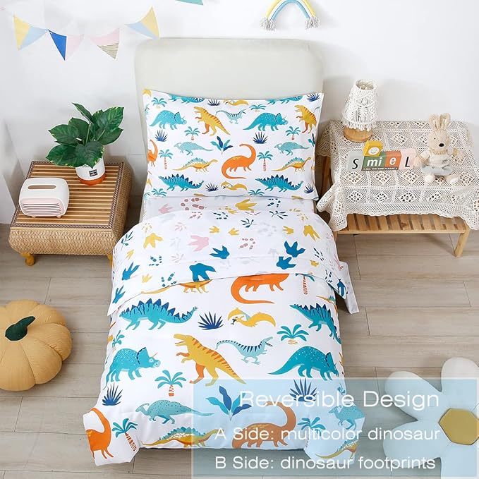 PERFEMET 4 Pieces Toddler Bedding Set Cartoon Dinosaur Print Comforter Sheet Set - Image 3