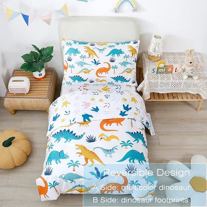 PERFEMET 4 Pieces Toddler Bedding Set Cartoon Dinosaur Print Comforter Sheet Set - Image 3