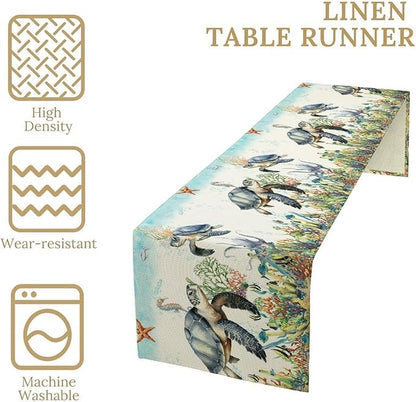 Ocean Animals Sea Turtle Table Runner Underwater Life Octopus Starfish Seaweed - Image 5