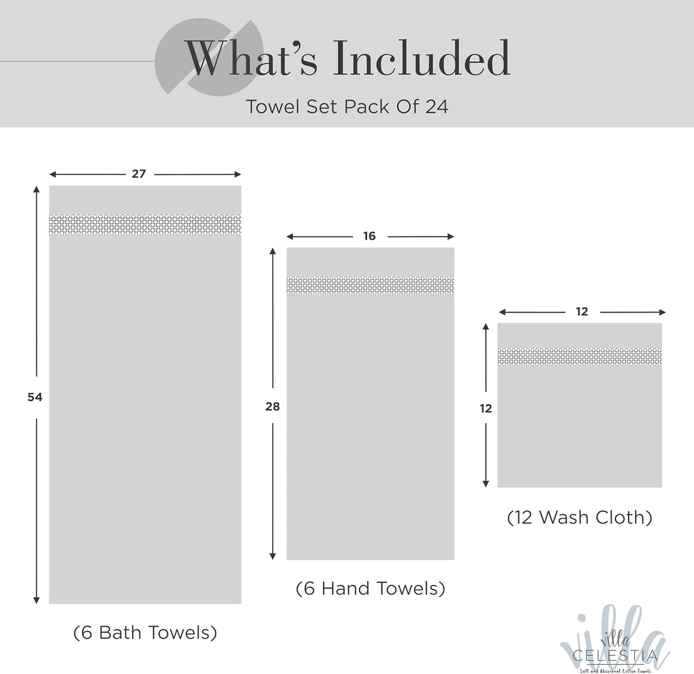 Villa Celestia 24-Piece 100% Cotton Towel Set, 6 Bath Towels, 6 Hand Towels, ...