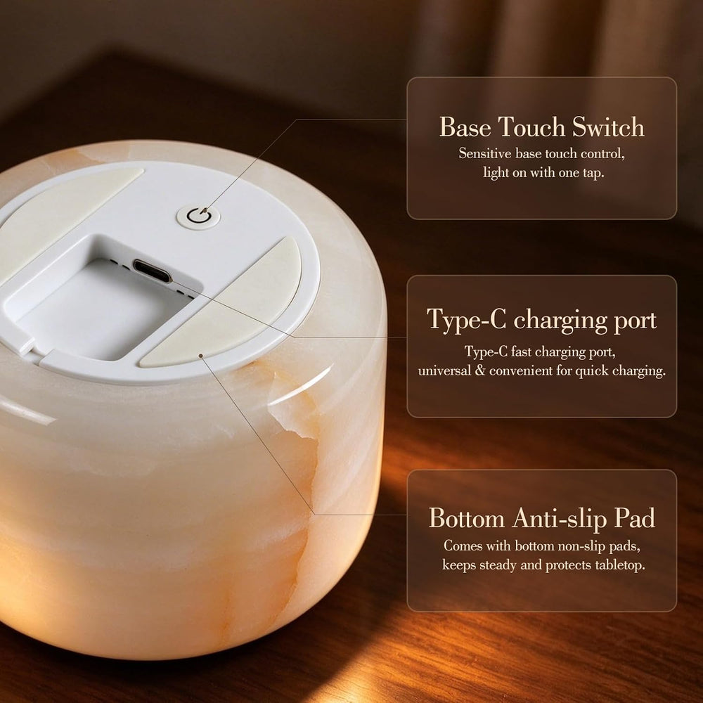 Natural Marble Touch Table Lamp, Cordless Bedside Pat Dimmable Night Light