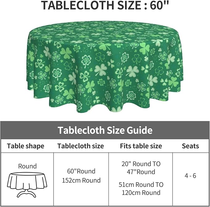 St.Patrick's Day Tablecloth Round 60×60 Inch, Spring Green Luck Shamrock - Image 7
