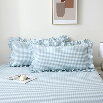 2 Pack Light Blue White Plaid Ruffle Gingham Pillow Shams Standard Size - Image 7