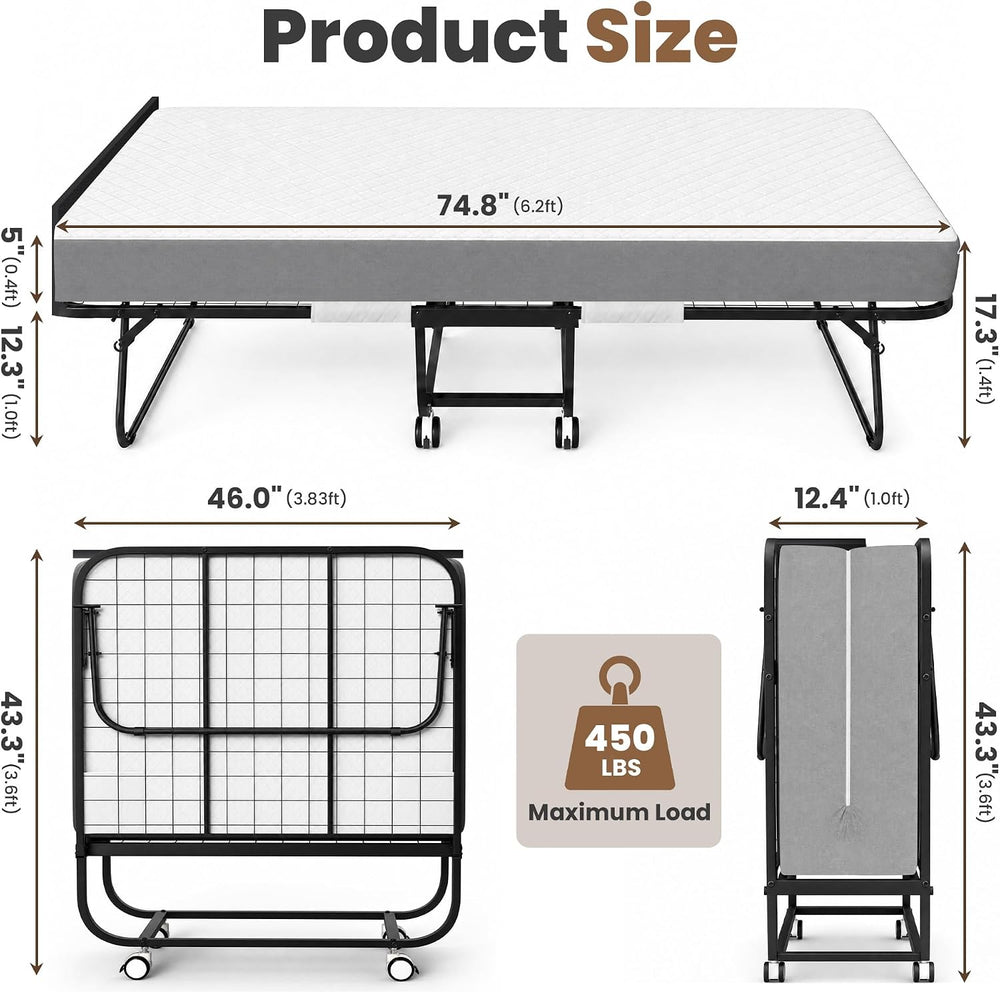 Folding Bed with Mattress 75'' x 46'' in Extra Wide Guest Bed