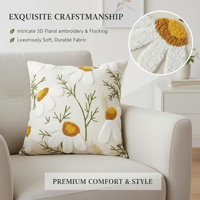 18x18 Embroidered Throw Pillow Cover – White Daisy Cotton Decorative Cushion - Image 4