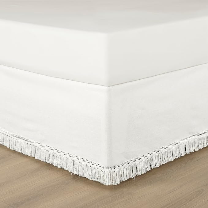 Lush Decor Boho Fringe 15-Inch Tailored Drop Easy Fit Bedskirt, Pure White - Image 2