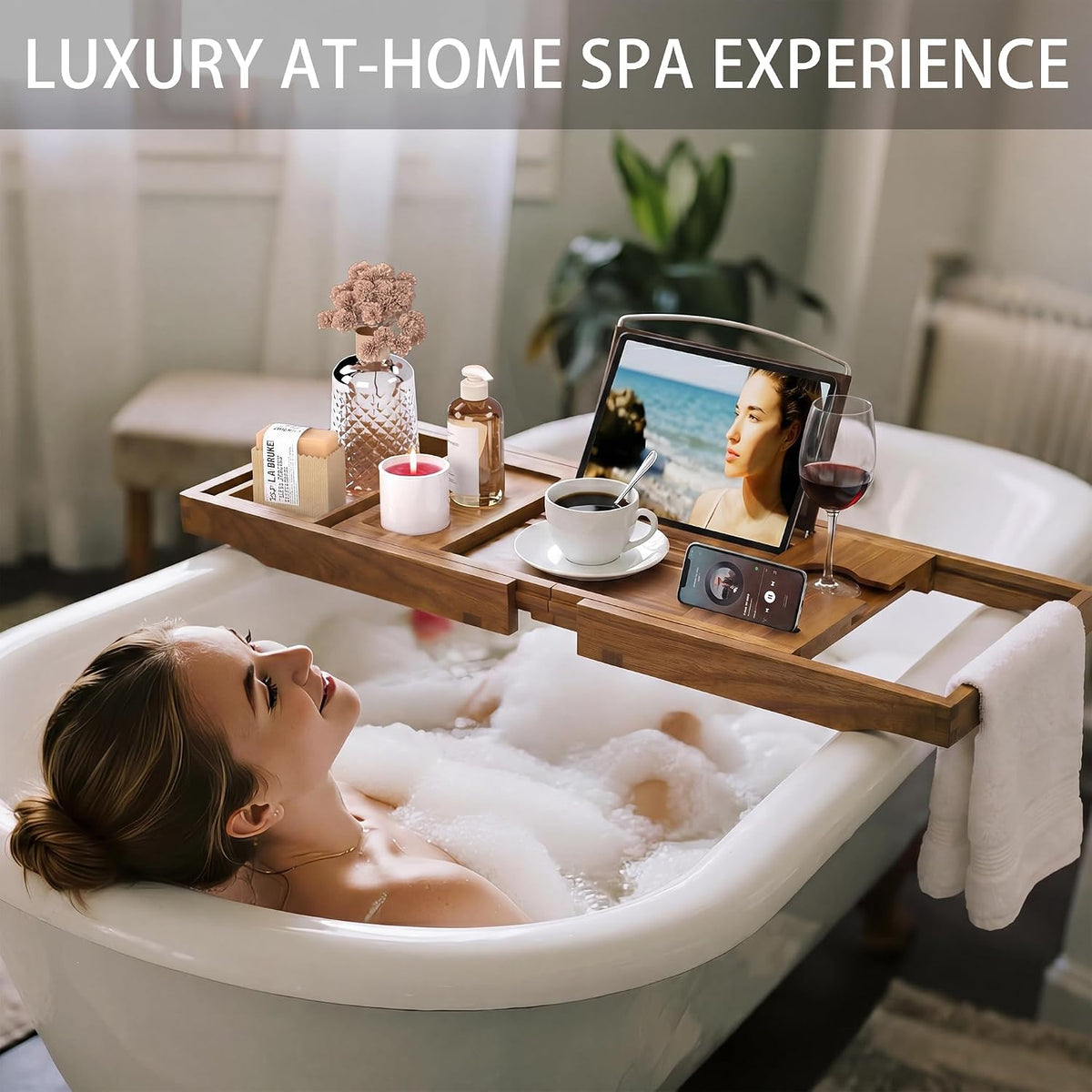 bathtub tray caddy, expandable acacia wood bath tray showing dimensions