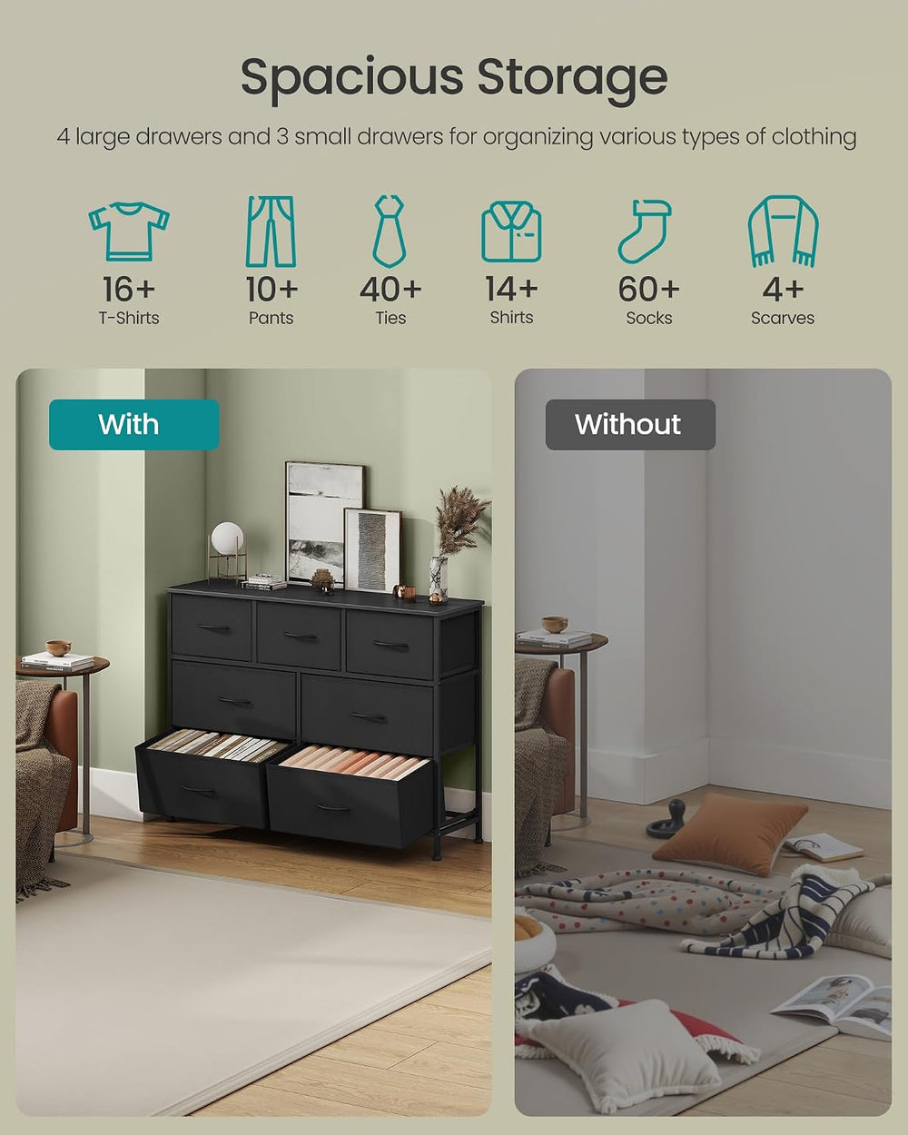 SONGMICS Dresser for Bedroom, Wide Dresser with 7 Fabric Drawers