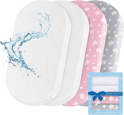 Bassinet Sheets & Waterproof Bassinet Mattress Pad Protector 4 Pack Set by Moonsea